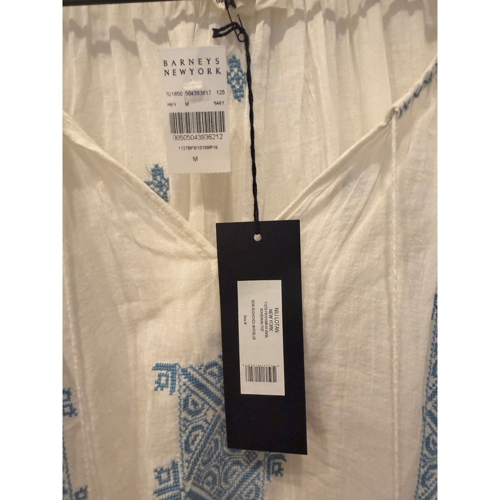 NEW Nili Lotan Bohemian Top White Blue Embroidered Cotton Tassel Blouse Medium - Picture 5 of 10